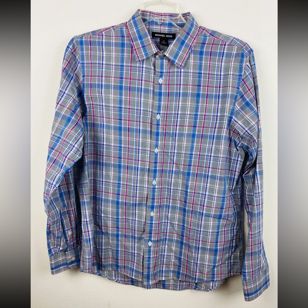 Michael Kors Mens Shirt Large Pink Blue White Plaid Long Sleeve Button Up Cotton